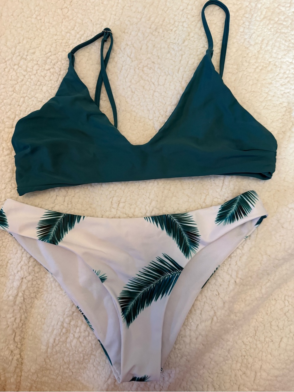 Zaful Green Triangle Bikini Set with Palm-Print Bottom
